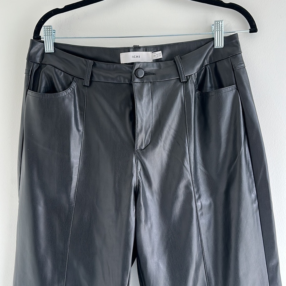 ICHI | Black Faux Leather Pants Wider Leg Straight - Picture 3 of 6
